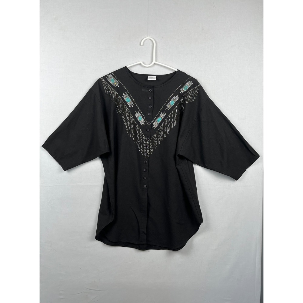 Sostanza Western Studded Button Front Top Womens Black Turquoise Accents